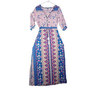 Zaful Dress Women Large Blue Boho Maxi Floral Patchwork Flowing